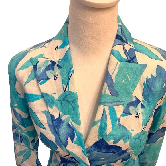 BSB 100% linen blazer teal blue white watercolor leaf design tailored fit NWT 6 - Picture 4 of 10
